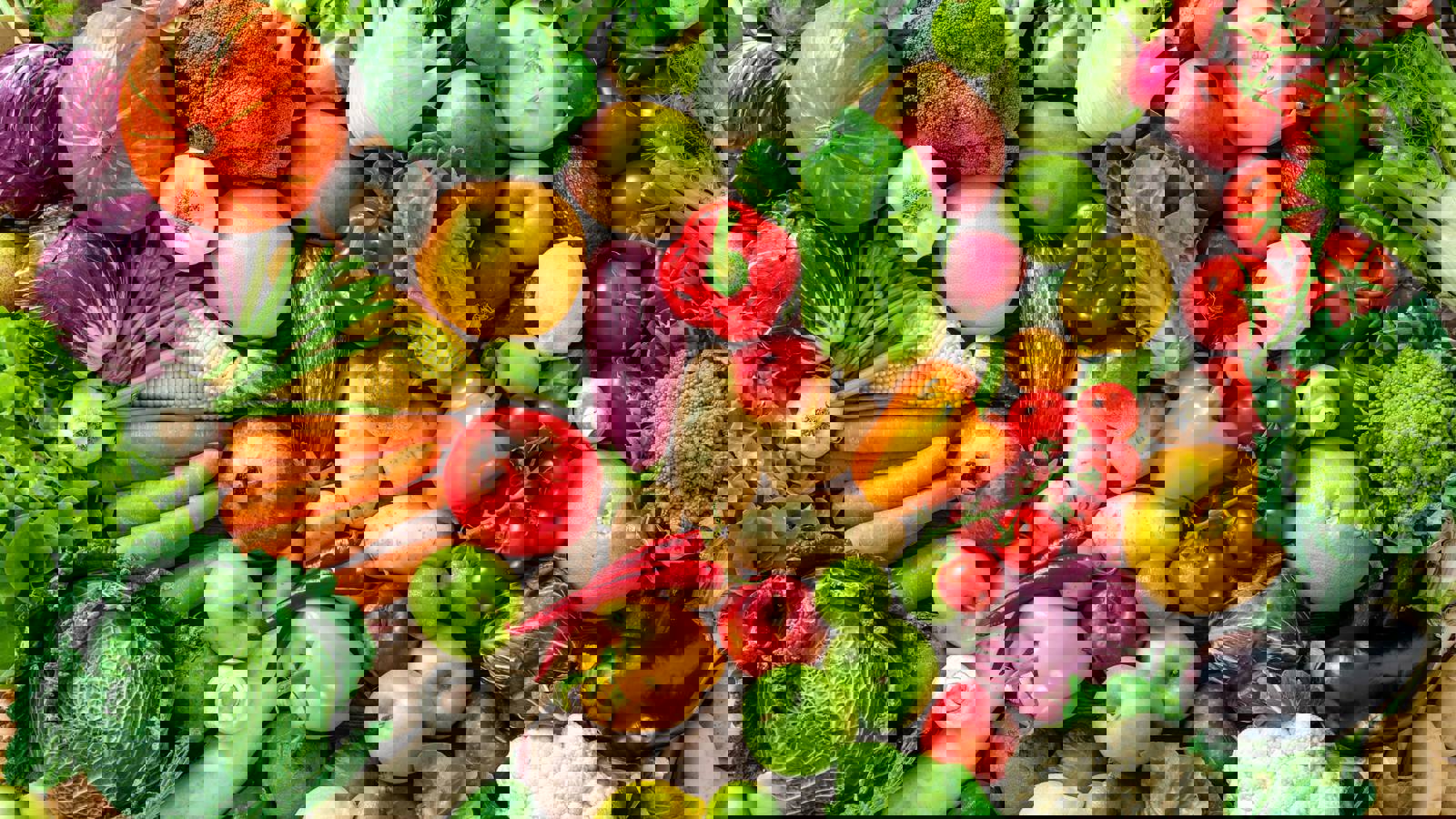 Selection of brightly coloured, fresh fruit and vegetables