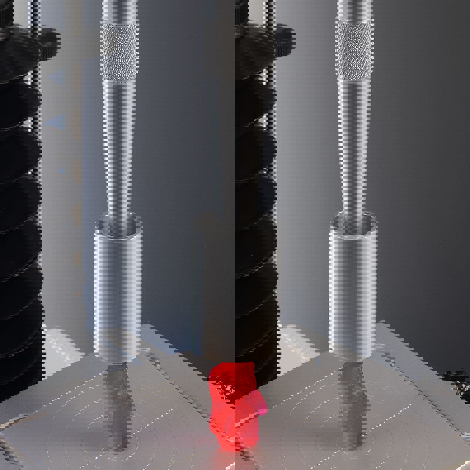 25mm Cylinder Probe attached to Texture Analyser performing compression test on gel product