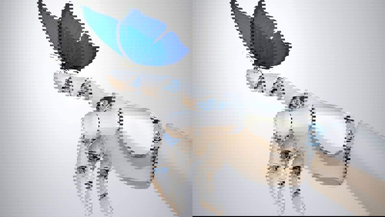 Blue butterfly sitting on robotic hand