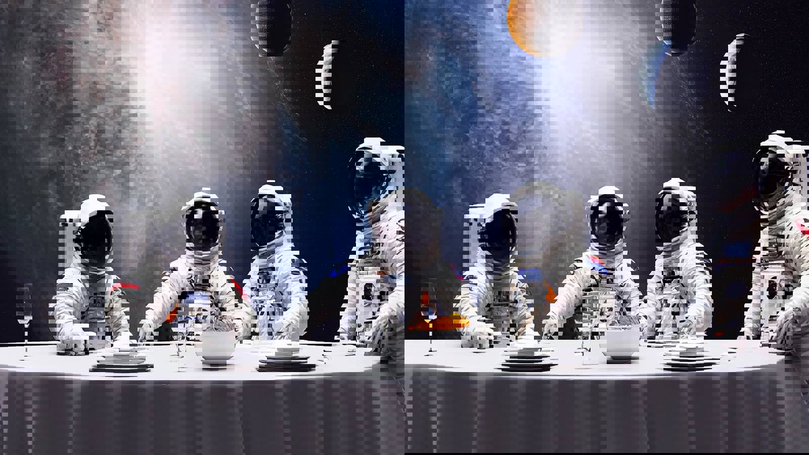 Astronaughts in space suits sitting around table for a meal