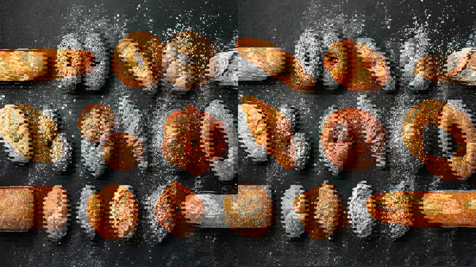 Selection of bakery products including bread and pastries